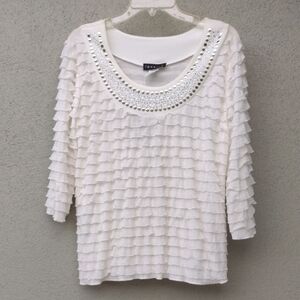 Janeric White Ruffled Top with Embellished Neckline PL